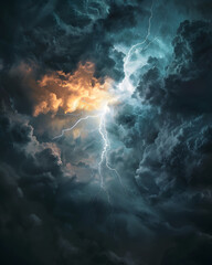 Fototapeta premium Single lightning strike in dark storm sky dramatic electric energy background