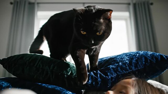 A playful black cat balances on a stack of colorful pillows, captivating a child's joyful gaze. Sunlight streams through a window, illuminating their delightful connection in a cozy room.
