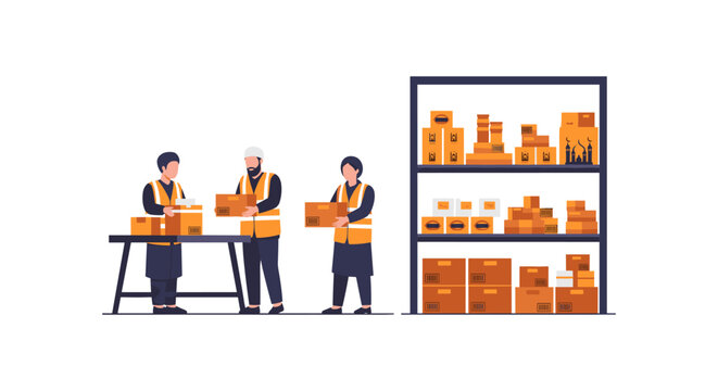 warehouse workers handling boxes on shelves