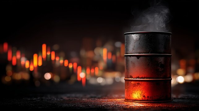 Crude Oil Barrel with Smoke and Glowing Heat on Volatile Stock Market Chart Background, Concept of Energy Crisis and Rising Oil Prices