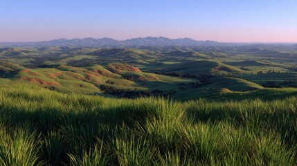 Fototapeta premium Expansive Green Hills Landscape at Dawn with Rolling Terrain and Distant Mountains Under Clear Blue Sky