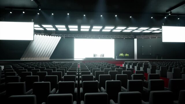 Empty Modern Conference Hall With Red Carpet And Bright Stage Lighting