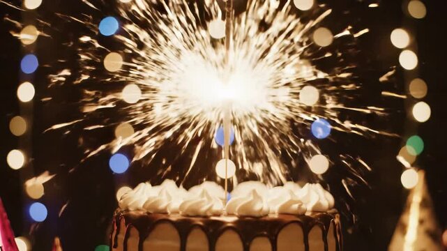 A dazzling display of colorful sparks erupts above an exquisite cake, set against a backdrop of twinkling lights, embodying the spirit of celebration and happiness during a festive gathering.