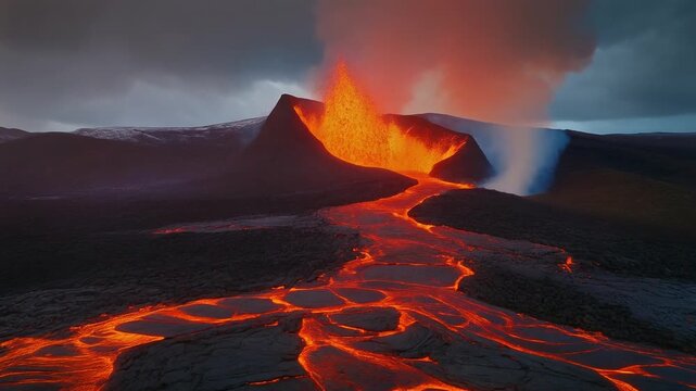 Volcanic eruption with lava flow and smoke rising