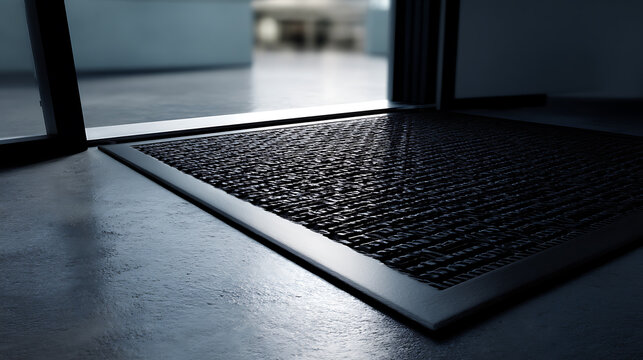 Modern Commercial Entrance Mat on Concrete Floor Indoors with Natural Light Reflect and Empty Space for Copy. Textured Surface