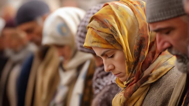 Group of Muslim men and women praying together in unity, reflecting faith, spirituality, devotion, and peaceful religious practice in a calm and respectful atmosphere.