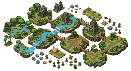 Fototapeta premium Isometric fantasy game map elements vector set with ancient ruins, rivers, forests, bridges, tents, and paths for adventure games isolated PNG with Transparent Background