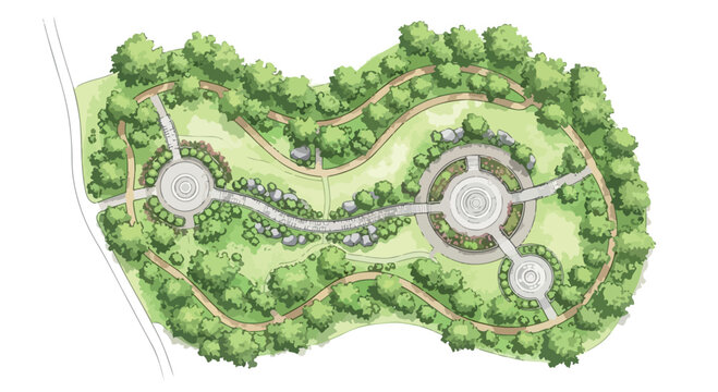 Watercolor landscape design plan, top view park masterplan with green trees and circular plazas, architectural garden site layout vector isolated PNG with Transparent Background