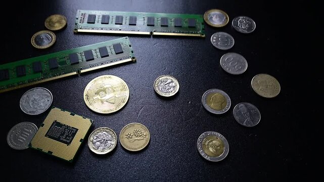 Bitcoin coins falling onto computer hardware representing digital finance technology
