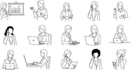 Business woman line art collection, office activities set, female professional working poses, communication and technology concepts, corporate lifestyle vector illustration