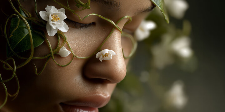Nature inspired portrait. Closeup depiction of woman surrounded by delicate flowers and foliage