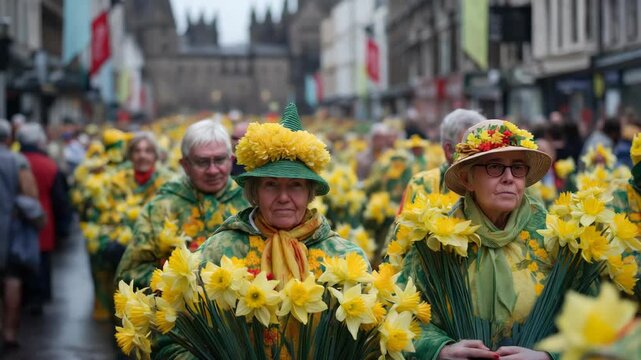 People celebrating Saint David&rsquo;s Day on a lively city street, wearing fancy costumes and daffodil flower crowns, smiling and enjoying a vibrant cultural festival atmosphere.
