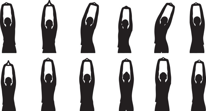 Silhouette of people doing yoga poses in a sequence