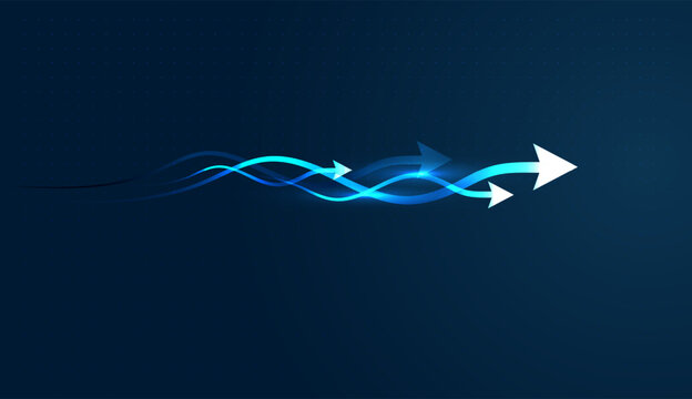 Dynamic arrows weave together to show how innovation creates a steady path up for a modern Business. Used in represents high-speed technology driving Growth
