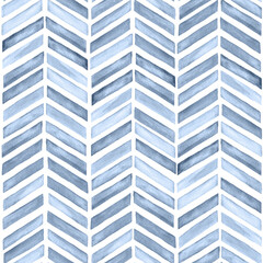 Watercolor painted indigo blue chevron herringbone timeless classic seamless pattern background
