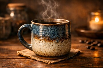 Fototapeta premium Warm coffee steaming from an artisan ceramic mug on a burlap coaster, creating a cozy atmosphere with scattered coffee beans and a glowing candle in the background