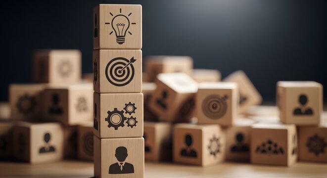 Wooden strategy blocks stack: lightbulb, target, gears, and person icons on dark wooden surface &mdash; creative problem solving and business goal achievement concept

