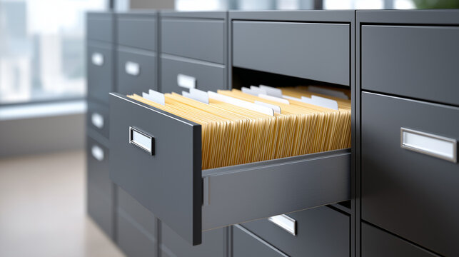 Open drawer of steel cabinet with organized paper folders. Storage system for business information and legal record. Professional office furniture for document management and filing.