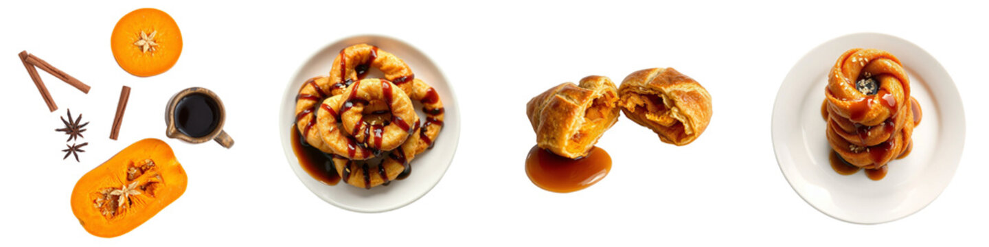 set of pictures for Golden Peruvian picarones doughnut rings drizzled with sweet chancaca syrup