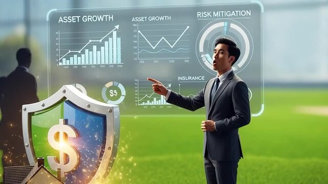 Businessman presenting asset growth and risk mitigation strategies with shield and dollar sign