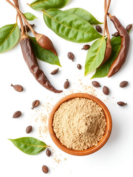 Dried Idian long pepper ( Piper Longum ,Piper retrofractum ) with powder in wooden bowl isolated on white background. Top view. Flat lay.