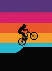 Naklejka premium Mountain Bike Silhouette Illustration with Retro Sunset Background, BMX Rider Jumping on Striped Vintage Horizon, Extreme Sports Vector Art for Poster, T-Shirt Design and Apparel