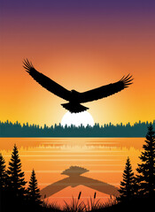 Fototapeta premium Silhouette of Eagle Flying Over Lake at Sunset with Pine Forest and Reflection, Wild Nature Landscape Illustration Vector, Majestic Bird of Prey Soaring at Dusk with Orange Sky Background