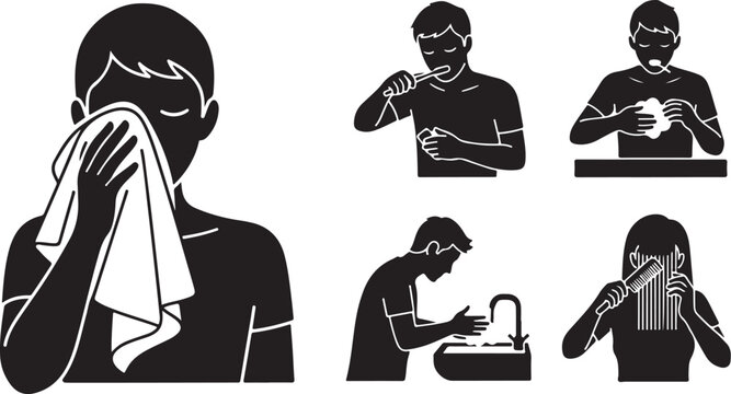 People washing hands and blowing noses with tissues illustration