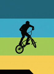 Naklejka premium Black silhouette of a BMX rider performing a stunt jump on a colorful retro striped background, minimalist extreme sports illustration with blue, green, and yellow horizontal bands