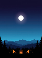 Obraz premium Night Camping Illustration with Tents, Campfire, and Full Moon over Mountain Forest Landscape, Flat Vector Background for Outdoor Adventure and Tourism Design