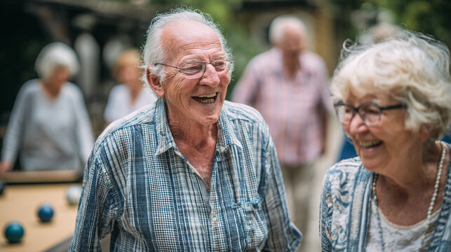 elderly couples playing bocce ball together in sunny park during friendly competition showing active senior lifestyle outdoor recreation social connection and joyful exercise