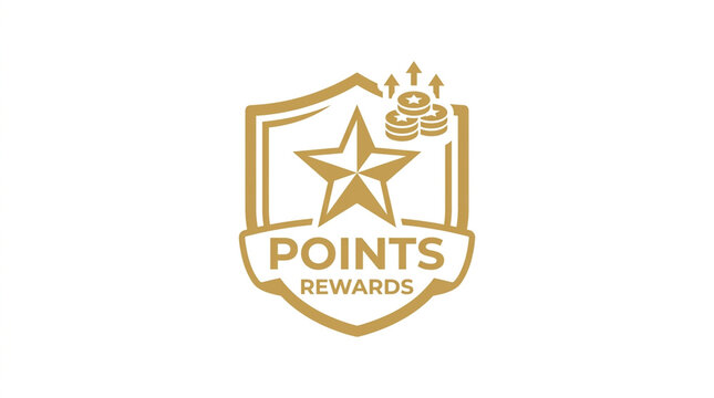 Golden shield emblem with star and coins symbolizing points and rewards representing loyalty programs and customer engagement with upward arrows indicating growth