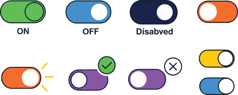 Toggle Switch UI Button Vector Set Featuring On Off States, Disabled Mode, Check and Close Indicators, and Modern Interface Control Elements for App Design