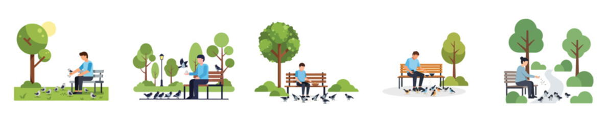 Simple flat illustration of someone feeding birds in a small garden park, serene daily moment, white background © Haris Lost