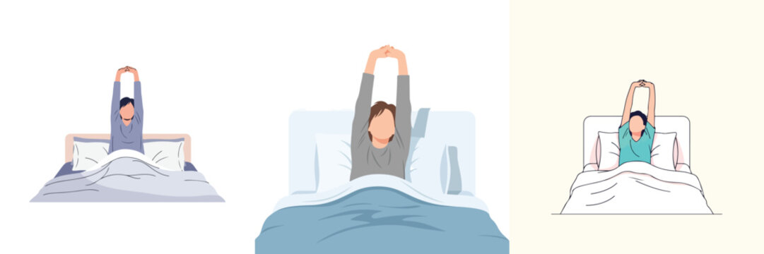 Minimalist flat vector illustration set of a person stretching arms after waking up in bed, morning lifestyle routine, no outline