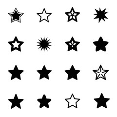 Obraz premium Collection of Sixteen Different Black Star Icon Designs and Symbols Isolated on a Plain White Background