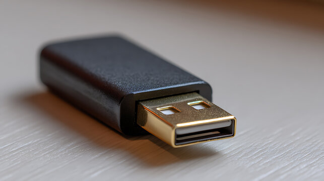 Close-up shot of a contemporary generic USB dongle or adapter with a sleek black body and a metallic golden connector on a light surface