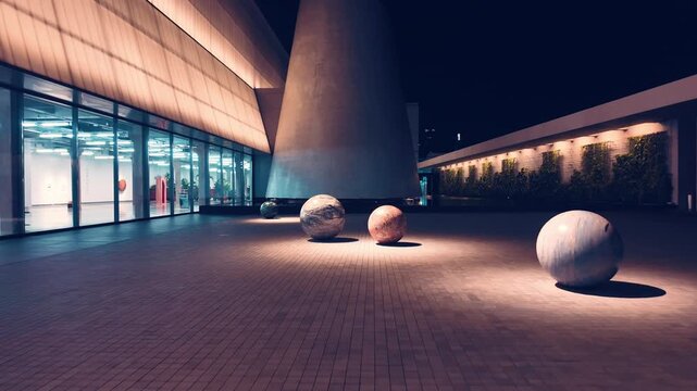 Illuminated marble sphere installation at museum plaza in Bangkok Dib at night, Contemporary art spheres glowing in modern urban space, 4k evening scene