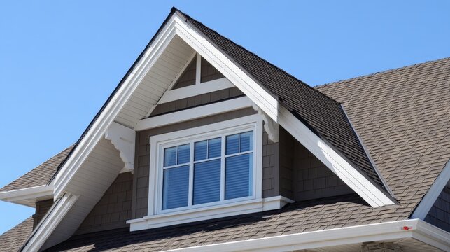Close-up of modern suburban gable roof with dormer window and trim