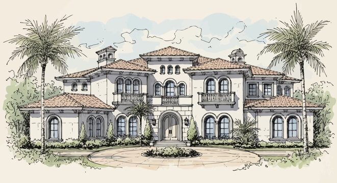 Luxurious Mediterranean-style villa with manicured palm trees and elegant architectural details, a dream home