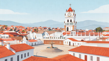 Fototapeta premium Town Square with Red Roofs and Clock Tower