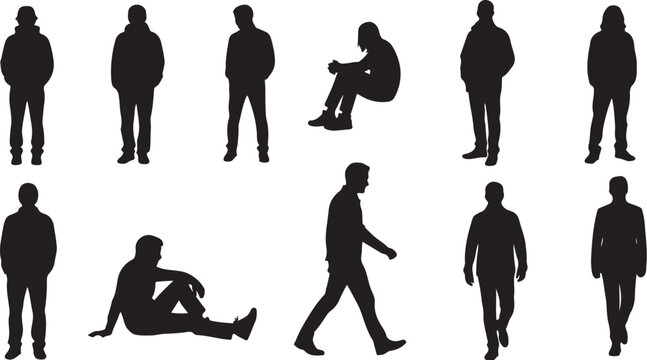 Silhouettes of people in various poses and actions