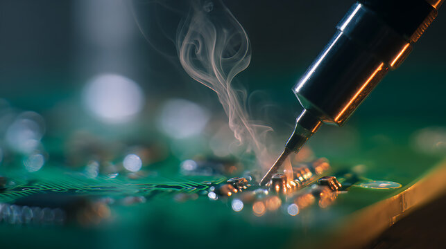 Close-up of a soldering iron tip on an electronic circuit board, with visible smoke, depicting precision work in microelectronics assembly