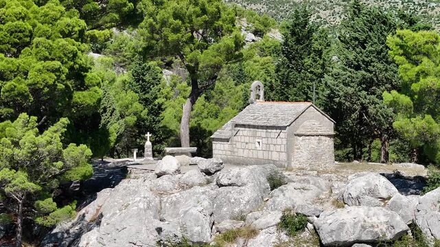 Drone view from St Juraj Gradac showing Omis, river Cetina and Adriatic Sea.