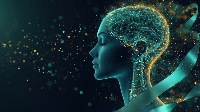 Oral, Head and Neck Cancer Awareness Week:illustration combining a serene human face profile with a glowing transparent anatomical overlay of the head and neck structures, teal and gold color palette