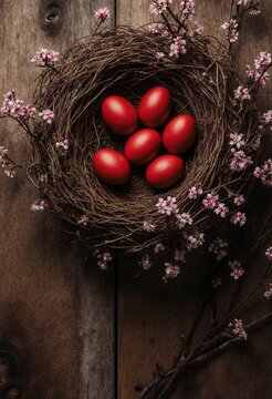 A orthodox easter nest with red easter eggs and blossoming branches on rustic surface
