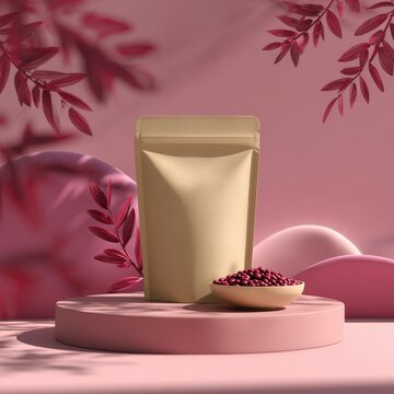 Minimalist pink product display with beige packaging and red beans on pedestal