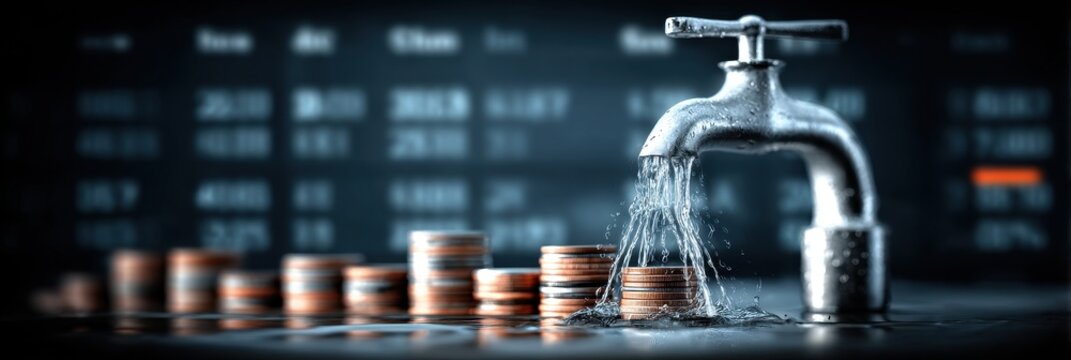 Beside a leaky tap the calendar reveals an urgent date for due procurement and a long list of payable debts.