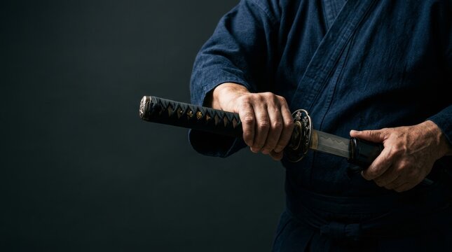 Close-up of a practitioner unsheathing a traditional Japanese katana sword, wearing a navy blue martial arts uniform against a dark studio background.