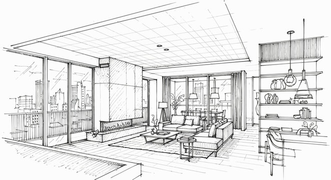 Modern Apartment Architectural Sketch of a Stylish Living Room with City Views